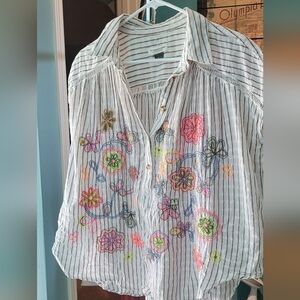 Pilcro Embroidered Shirt Button Up Striped Colorful Anthropologie Boho